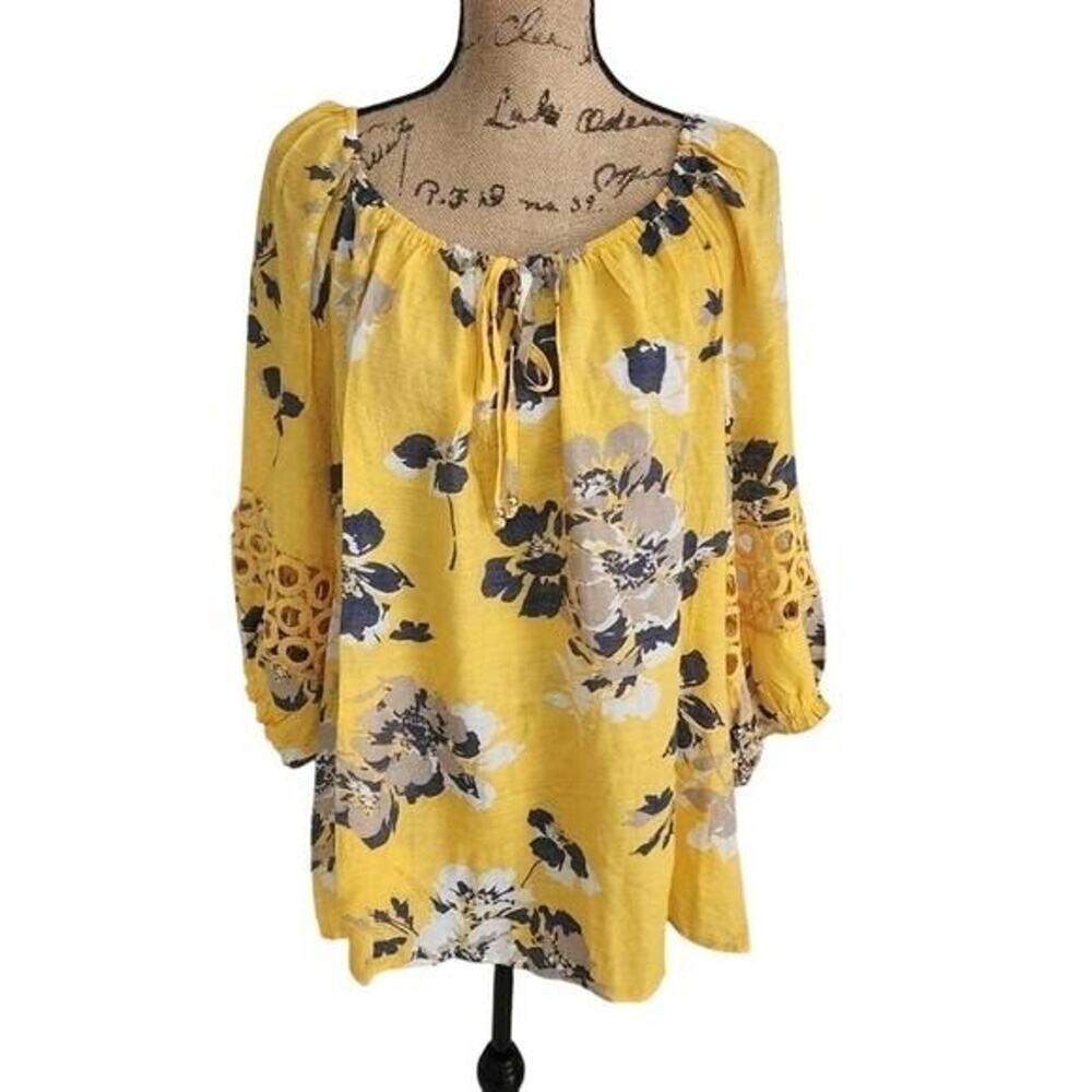 Unique Spectrum Yellow Floral Peasant Blouse Crochet Eyelet Sleeve 3X NWT